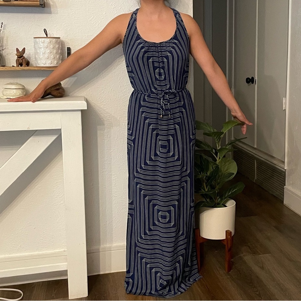 Amanda Uprichard Silk Navy Geometric Maxi Dress Size Small